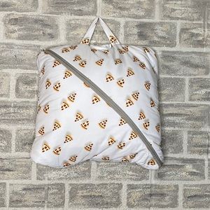 Pizza design sleeping bag with attached pillow